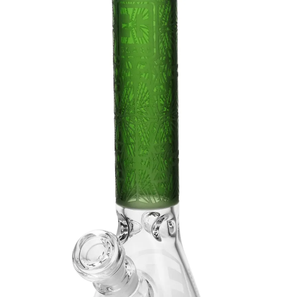 the neck of EG-05 Sandblasted Slyme Leaf Beaker Bong in green color
